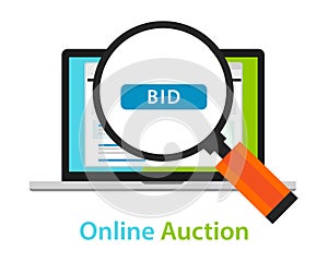 Online bidding auction laptop bid button concept icon photo