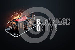 Online blackjack, blackjack card game table on smartphone. Creative image, modern design, gambling, card games, online, betting,