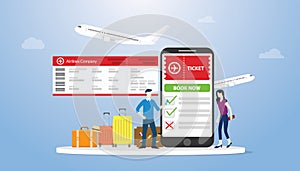 Online book or booking tickets for airflight concept with smartphone app and some luggage with people order online ticket with