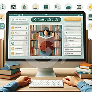 Online book club interface with book selections, discussion for photo