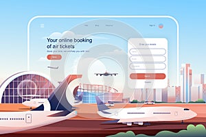 Online booking at air tickets concept. Airplane ticket reservation service website layout. International tourism and travel, go on