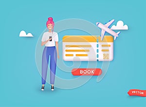 Online booking flight tickets concept on mobile phone. Time to travel concept. 3D Web Vector Illustrations