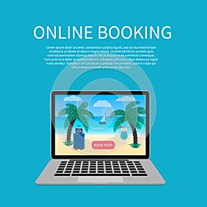 Online booking. Internet travel agency. Modern technology. Independent tourism. Laptop vrctor illustration. Design template for photo