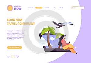 Online booking landing page. Website screen template with travellers concept scenes hotel purchase flying ticket check