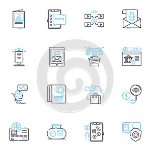 Online booking linear icons set. Reservation, Platform, Schedule, Availability, Tool, Interface, System line vector and photo