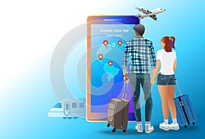 Online booking service vector illustration. man and Woman with travel, book luggage on smartphone, plan trip, online flight and