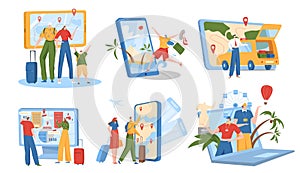 Online booking service vector illustration set, cartoon flat tourist people travel and book car, plane ticket, hotel or