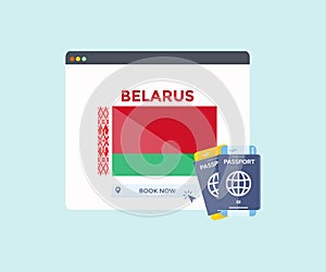 Online booking service on web browser site, trip, travel planning country Belarus national flag logo design.