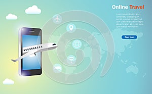 Online booking travel, aviation industry and transportation technology concept. Airplane penetrate through mobile screen with