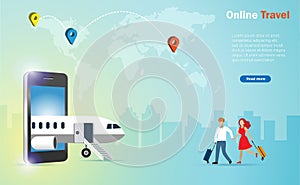 Online booking travel, transportation technology concept. Airplane from smartphone screen with couple, man and woman carrying