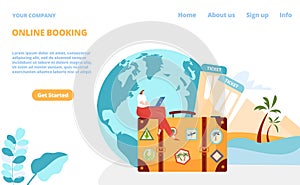 Online booking trip service, vector illustration, flat tiny woman character design travel journey, buy ticket for flight