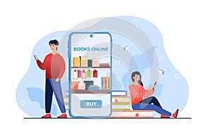 Online bookshop. Teens use app for buying books