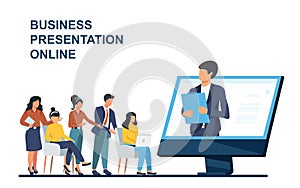 Online business conference, creative illustrations, businessmen, online joint meeting, team thinking and brainstorming, company in