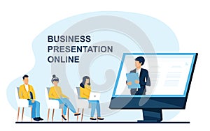 Online business conference, creative illustrations, businessmen, online joint meeting, team thinking and brainstorming, company in