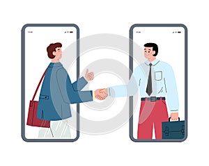 Online business deal and agreement conclusion flat vector illustration isolated.