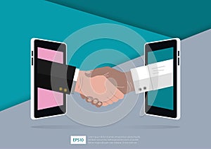 Online business deals design concept. Two businessmen hand shaking virtually from smartphone to make agreement or contract.