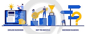 Online business, key to success, decision making concept with tiny people. Business opportunity abstract vector illustration set.