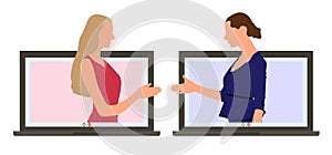 Online business meeting. Concluding deal through video call by internet. Two businesswomen communicate through laptop screens and