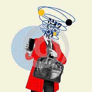 Online business. Modern technologies. Man in red suit pointing at phone screen. Creative design, contemporary art