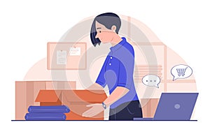 Online Business Owner Packing Product Order Into Box for Online Shopping and E-Commerce Concept Illustration