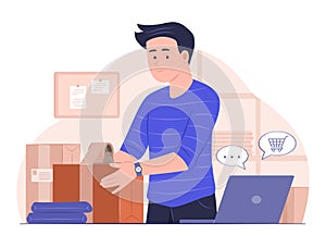 Online Business Owner Packing Product Order for Online Shopping and E-Commerce Concept Illustration