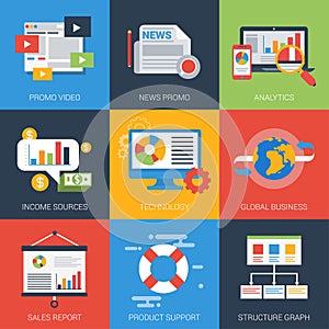 Online business promotion analytics flat style modern icon set