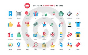 Online business, retail store trendy flat icons set, bag and cart for shopping on sales