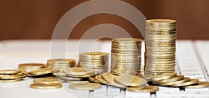 Online business success, gold money coins banner