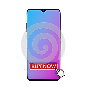 Online Buy It Now Concept. Mobile Smartphone with Buy Now Button and Pixel Finger. 3d Rendering