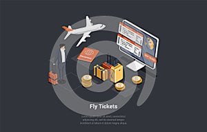 Online Buying Fly Tickets With App, Traveling by Plane Concept. Business Man Waiting For Departure In Airport. Character