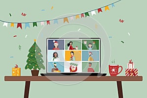 Online call. Video Call. Merry Christmas and Happy New Year greetings online. Vector