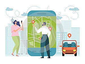 Online car service app vector illustration, flat cartoon tiny couple people order taxi cab using smartphone, mobile