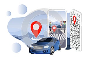 Online car sharing and booking service via smartphone app. Smart phone with location mark and pin in map.