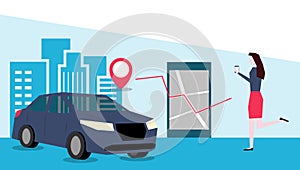 Online car sharing through mobile app vector illustration