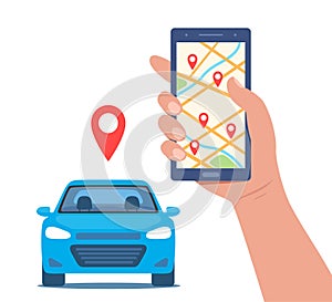 Online car sharing service controlled via smartphone app. Phone with location marks and smart car. Vector concept illustration