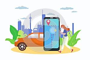 Online car sharing service, mobile phone city transportation vector illustration with vehicle map location in smartphone