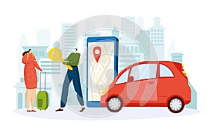 Online car sharing smartphone application, tiny character hold vehicle key, woman with baggage flat vector illustration