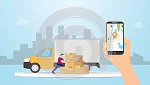 Online cargo delivery tracking system with truck and gps position locations with hand hold smartphone - vector