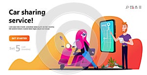 Online carsharing. Woman and scooter rent.