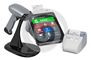 Online cash register, receipt printer, barcode reader with POS-terminal, 3D rendering