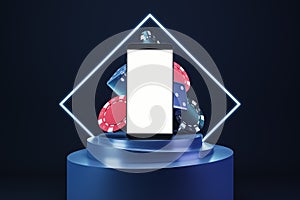 Online casino background with blank smartphone screen, mockup.