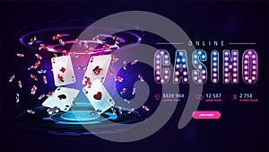 Online casino, banner with button, Casino playing cards with poker chips and hologram of digital rings in dark empty scene