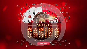 Online casino, banner with button, slot machine, Casino Roulette, falling poker chips and playing cards