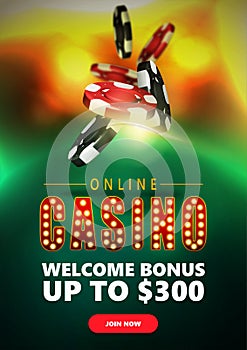 Online casino, banner with poker chips and casino roulette green table in perspective with golden background