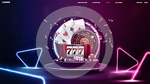 Online casino, banner with slot machine, Casino Roulette, poker chips and playing cards on podium floating in the air.