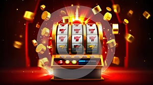 Online casino banner. The slot machine wins the jackpot. The concept of a big win. Golden chips. Generative AI