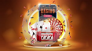 Online casino, banner with smartphone, casino slot machine, Casino Roulette, playing cards, poker chips on gold podium.