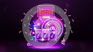 Online casino, banner with smartphone, purple neon slot machine, neon casino roulette, playing cards and poker chips