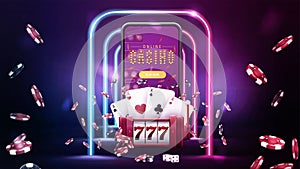 Online casino, banner with smartphone, red slot machine, poker chips, playing cards and neon pink and blue frames