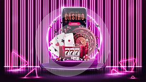 Online casino, banner with smartphone, slot machine, Roulette, chips and playing cards on purple podium with neon ring.